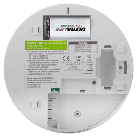 EI146e rookmelder achterzijde met Ultralife Lithium batterij