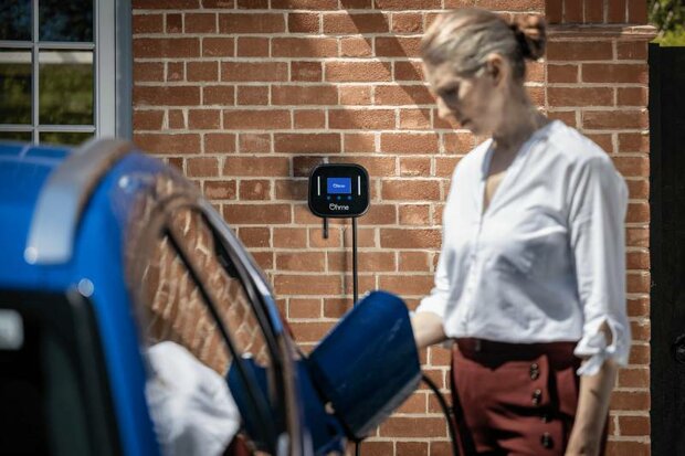 Vrouw sluit Home Pro laadpaal aan op auto